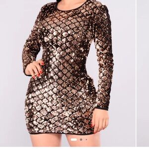 Fashion Nova Glittering Long Sleeve Dress - Black and Rose Gold
